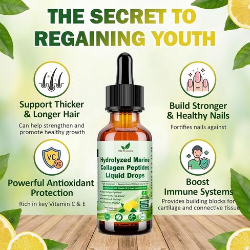 Marine Collagen Peptides Liquid Drops, Hydrolyzed Multi Type I & III Collagen w. Vitamin C E Grape Seed Extract for Joint, Skin, Hair & Nail, Liquid Collagen High Absorption for Women Men, Wild-Caught in Saudi Arabia