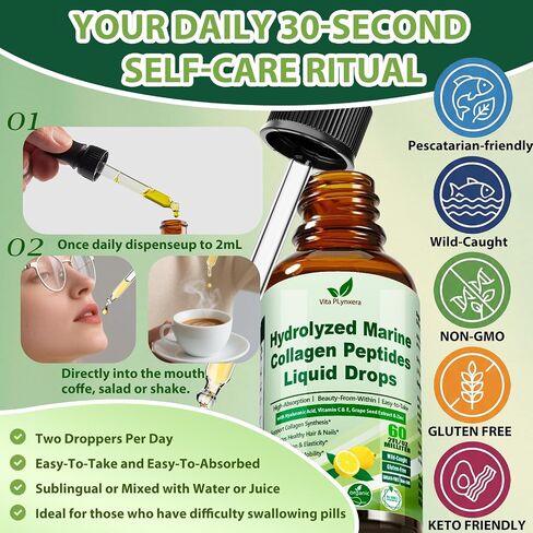 Marine Collagen Peptides Liquid Drops, Hydrolyzed Multi Type I & III Collagen w. Vitamin C E Grape Seed Extract for Joint, Skin, Hair & Nail, Liquid Collagen High Absorption for Women Men, Wild-Caught in Saudi Arabia