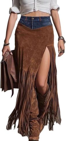 Long Fringe Skirt for Women Faux Suede Patchwork High Waist Slit Tassel Vintage Western Maxi Skirts in Saudi Arabia