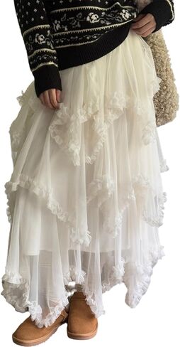 Women Tulle Skirt Asymmetrical Ruffle Skirt High Waist Fairy Concert Layered A-Line Mesh Long Flowy Skirt in Saudi Arabia