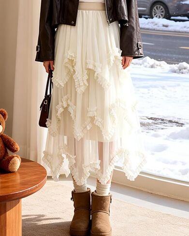 Women Tulle Skirt Asymmetrical Ruffle Skirt High Waist Fairy Concert Layered A-Line Mesh Long Flowy Skirt in Saudi Arabia