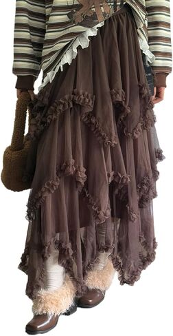 Women Tulle Skirt Asymmetrical Ruffle Skirt High Waist Fairy Concert Layered A-Line Mesh Long Flowy Skirt in Saudi Arabia