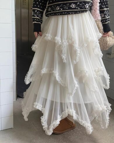 Women Tulle Skirt Asymmetrical Ruffle Skirt High Waist Fairy Concert Layered A-Line Mesh Long Flowy Skirt in Saudi Arabia