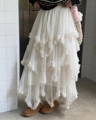 Women Tulle Skirt Asymmetrical Ruffle Skirt High Waist Fairy Concert Layered A-Line Mesh Long Flowy Skirt in Saudi Arabia