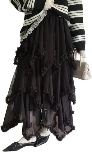 Women Tulle Skirt Asymmetrical Ruffle Skirt High Waist Fairy Concert Layered A-Line Mesh Long Flowy Skirt in Saudi Arabia