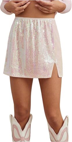 OYOANGLE Women's Sequin Sparkly Slit Hem Short Skirt Party Festival Shiny Going Out Skirts in Kuwait