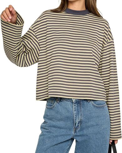 Striped Long Sleeve Shirt Women Oversized Y2K Vintage Crewneck Sweatshirt Baggy T Shirts Cute Preppy Tops Streetwear in Saudi Arabia