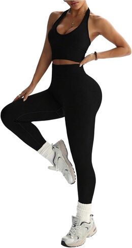 WDIRARA Women's Workout Set 2 Piece Yoga Outfits Halter Sports Bra Leggings Set Athletic Tracksuits in Kuwait