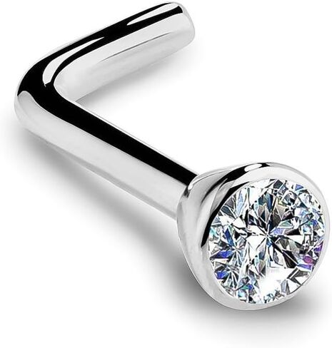 FreshTrends SI1 2mm 0.03ct. t.w. Diamond Flush Bezel Set Diamond 14K White Gold L-Shape Nose Ring 18G in Kuwait