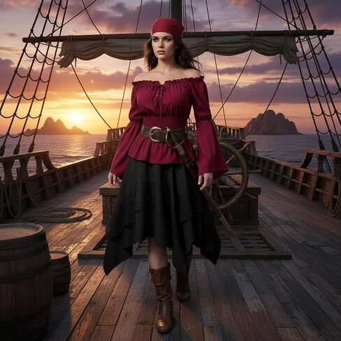 Women's Medieval Renaissance LARP Outfit Pirate Skirt Lace Asymmetrical Midi Skirts Halloween Cosplay Costume in Saudi Arabia