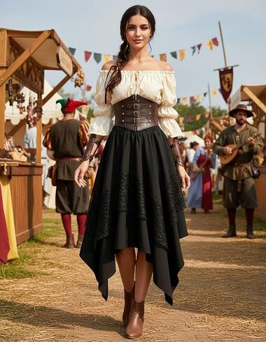 Women's Medieval Renaissance LARP Outfit Pirate Skirt Lace Asymmetrical Midi Skirts Halloween Cosplay Costume in Saudi Arabia