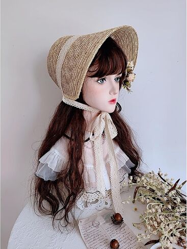 Women French Style Straw Hat with Laceup Neckstrap for Teens Girl Breathable Headwear LolitaStyle Beach Sun in Saudi Arabia