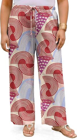 Plus Size Tropical Pants for Women High Waist Drawstring Wide Leg Trousers with Pockets in Kuwait