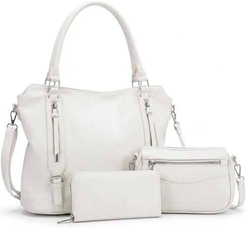 3PCS Handbag Set for Women - Large PU Leather Tote Bag, Crossbody Purse, and Wallet Set - Stylish White Shoulder Bag for Work, Travel, and Daily Use in Saudi Arabia