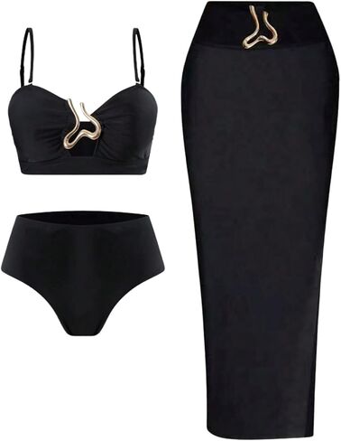 Verdusa Women's 3 Piece Swimsuit High Waist Bikini Sets with Long Beach Cover Up Skirts in Kuwait