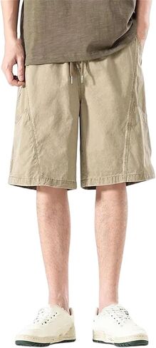 Men's Washed Cotton Casual Shorts with Drawstring and Pockets Loose Fit Comfortable for Summer Daily Wear in Kuwait