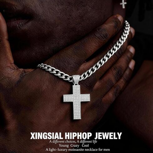 Moissanite Cross Necklace for Men,D Color Simulated Diamond Crucifix Pendant,Sterling Silver Iceout Diamond Pendant Jewelry Easter Day Gift for Religious Rapper Men in Saudi Arabia