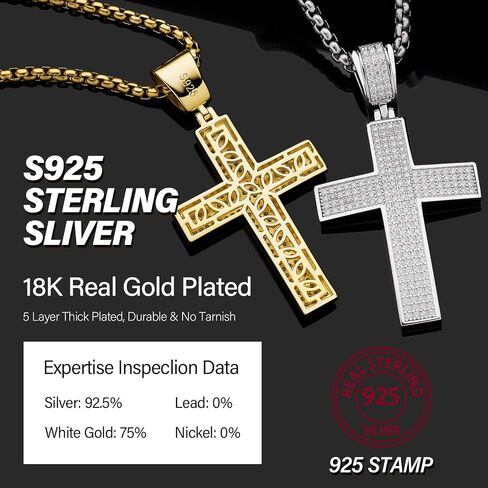 Moissanite Cross Necklace for Men,D Color Simulated Diamond Crucifix Pendant,Sterling Silver Iceout Diamond Pendant Jewelry Easter Day Gift for Religious Rapper Men in Saudi Arabia