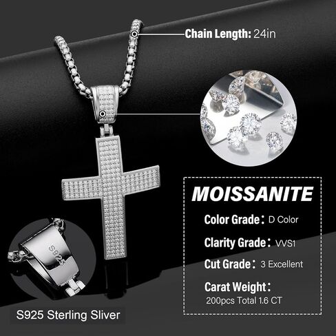 Moissanite Cross Necklace for Men,D Color Simulated Diamond Crucifix Pendant,Sterling Silver Iceout Diamond Pendant Jewelry Easter Day Gift for Religious Rapper Men in Saudi Arabia