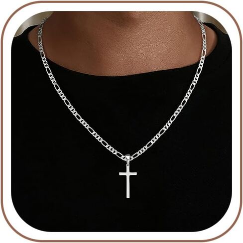 HIMSTORY Cross Necklace for Men Women, 925 Sterling Silver Chain Necklace Diamond Cut 5MM Figaro Chain Religious Baptism Easter Spring Cross Pendant Simple Faith Jewelry 18 Inches in Saudi Arabia