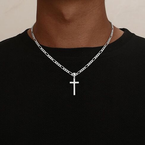 HIMSTORY Cross Necklace for Men Women, 925 Sterling Silver Chain Necklace Diamond Cut 5MM Figaro Chain Religious Baptism Easter Spring Cross Pendant Simple Faith Jewelry 18 Inches in Saudi Arabia