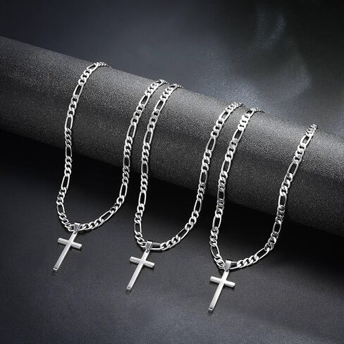 HIMSTORY Cross Necklace for Men Women, 925 Sterling Silver Chain Necklace Diamond Cut 5MM Figaro Chain Religious Baptism Easter Spring Cross Pendant Simple Faith Jewelry 18 Inches in Saudi Arabia