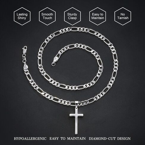 HIMSTORY Cross Necklace for Men Women, 925 Sterling Silver Chain Necklace Diamond Cut 5MM Figaro Chain Religious Baptism Easter Spring Cross Pendant Simple Faith Jewelry 18 Inches in Saudi Arabia