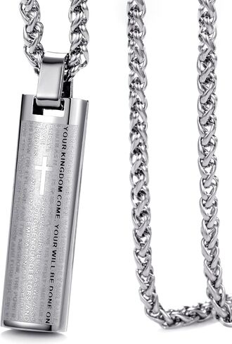 Stainless Steel Lord's Prayer Pendant Necklace for Men Engraved Lords Prayer Bar Pendant with Polished Back & Textured Front, Religious Gift for Christian, 24" Chain in Saudi Arabia