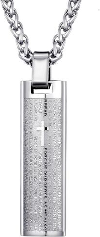 Stainless Steel Lord's Prayer Pendant Necklace for Men Engraved Lords Prayer Bar Pendant with Polished Back & Textured Front, Religious Gift for Christian, 24" Chain in Saudi Arabia
