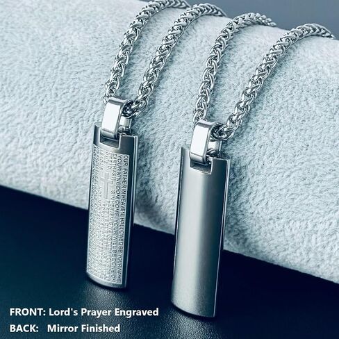 Stainless Steel Lord's Prayer Pendant Necklace for Men Engraved Lords Prayer Bar Pendant with Polished Back & Textured Front, Religious Gift for Christian, 24" Chain in Saudi Arabia