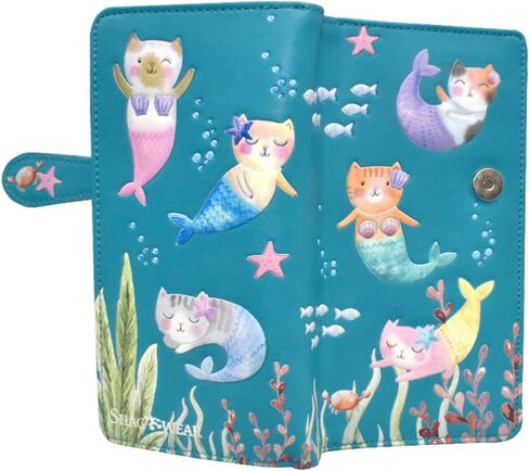 Shag Wear Cat Mermaid Large Wallet Vegan Faux Leather Fantasy Ocean Design Clutch with Card Slots Bill Compartments ID Window Zippered Coin Pocket 7" Teal in Kuwait