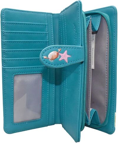 Shag Wear Cat Mermaid Large Wallet Vegan Faux Leather Fantasy Ocean Design Clutch with Card Slots Bill Compartments ID Window Zippered Coin Pocket 7" Teal in Kuwait