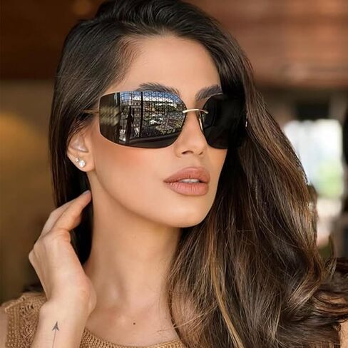 نظارات شمسية مربعة أنيقة بدون إطار للنساء والرجال، كبيرة الحجم، عصرية ملفوفة حول إطار كبير، نظارات شمسية in Kuwait