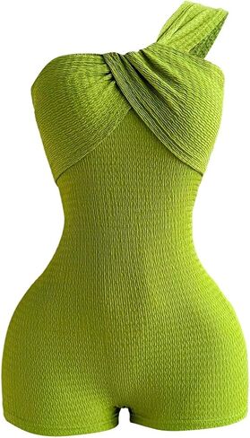 Verdusa Women's One Shoulder Wrap Knot Summer Romper Textured One Piece Jumpsuits Vacation Outfits in Kuwait