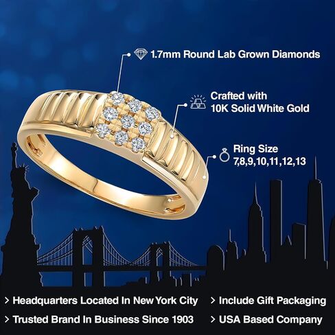 Gem Stone King Men's Solid 10K Yellow Gold White Lab Grown Diamond Ring | 0.18 Cttw | E-F Color | VVS-VS Clarity in Kuwait