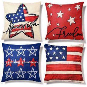 Hongsome Patriotic Decor-Throw Pillow Covers 18x18 in Set of 4,4th of July Linen Pillow Case for Independence Day,Memorial Day,Veteran's Day,USA,American Summer Outdoor Red White Blue Decorations in Saudi Arabia