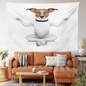 Lunarable Dog Lover Tapestry, Funny Yoga Puppy Sitting Relaxed in Lotus Position Closed Eyes Meditation Fitness Print, Fabric Wall Hanging Decor for Bedroom Living Room Dorm, 28" X 23", White Brown in Kuwait