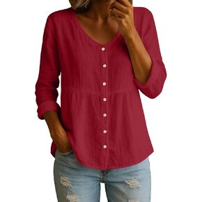 Linen Tops for Women 2026 Cotton Long Sleeve V-Neck Peplum Blouse Button-Down Casual Top Loose Fit Babydoll Shirt in Saudi Arabia