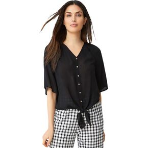 ellos Plus Size V-Neck Crinkle Tie-Front Elbow-Sleeve Blouse in Saudi Arabia