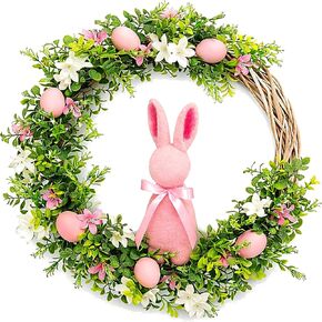 Spring Wreaths for Front Door – 22 Inch Pink Floral Wreath with Greenery, Bunny & Decorative Eggs, Summer Outdoor Front Door Decor in Kuwait