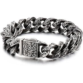 316 Stainless Steel Engraved Cuban Link Bracelet for Men, Retro Pattern Chain Punk Hip Hop Style Jewelry for Him in Saudi Arabia