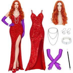 Jessica Rabbit Costume for Women Long Red Sequin Fancy Dress with Wig Necklace Gloves Bracelet Props Holder Earrings in Saudi Arabia
