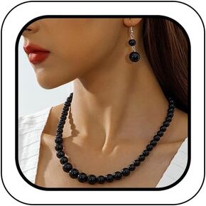 Trendy Beaded Black Pearl Choker Necklace Earring for Women, Dark Gothic Simple Beads Dangling Earrings Vintage Party Costume Jewelry Gift Accessories in Saudi Arabia