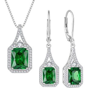 Emerald Cut Jewelry Set 925 Sterling Silver May Birthstone Emerald Necklace Earrings Halo Jewelry Gifts for Women in Saudi Arabia
