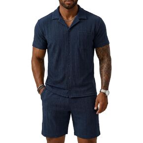 Men's Summer Outfits 2 Piece Jacquard Knit Tracksuit Textured Set for Beach Vocation Short Sleeve Shirts & Shorts in Saudi Arabia