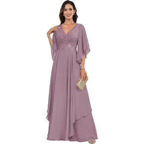 Women's V Neck Mother of The Bride Dresses with Sleeves Lace Appliques Chiffon Formal Evening Gown in Saudi Arabia