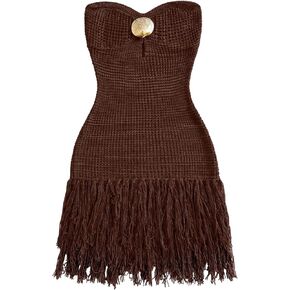 WDIRARA Women's Metal Fringe Hem Knitted Tube Dress Cut Out Layered Mini Boho Dresses in Saudi Arabia