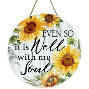 Sunflower Inspirational Front Door Sign, Spring Summer Even So It is Well with My Soul Flower Wood Hanger Porch Home Decor, Fall Floral Farmhouse Wooden Wreath Indoor Wall Hanging Decoration in Saudi Arabia