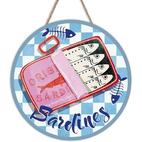Coastal Sardines Fish Can Front Door Sign, Beach Seafood Fishbone Wood Plaque Hanger Restaurant Kitchen Dining Room Home Decor, Nautical Checkered Wooden Wreath Wall Hanging Decoration in Saudi Arabia