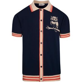 OXKNIT Men's Knit Short Sleeve Shirts Button Down Vintage Knitted Polo Shirt Owl Pattern Dark Blue Cotton Polo in Saudi Arabia